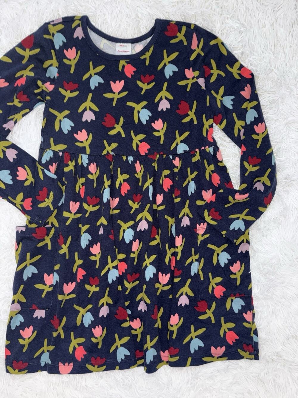 Hanna Andersson 10 Blue Long Sleeved Knit Floral Dress. Soft, Comf, Grt. Qualit